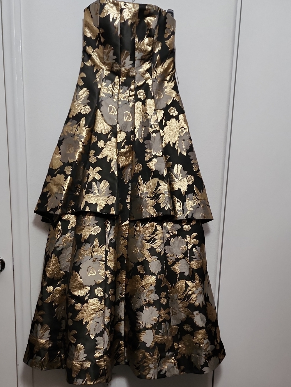 Aidan Mattox Black and Gold Strapless Floral High-Low Gown